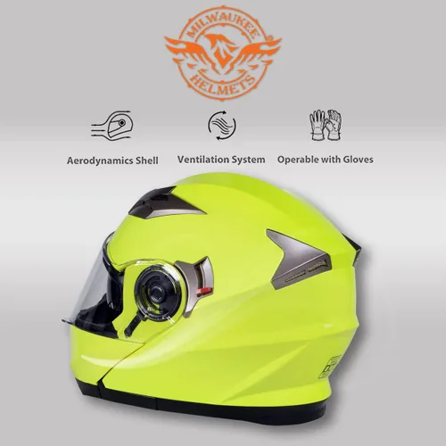 Miniatura 6 de Cascos Milwaukee MPH9809DOT Ionized Amarillo Neón Avanzado Casco Modular de Motocicleta para Motociclista con Visera Desmontable