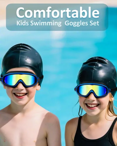 Miniatura 7 de Gafas de natación para niños, antivaho, protección UV y amplia vista & gorro de natación para niños de 3 a 15 años, niños y niñas, bebés Azul & negro
