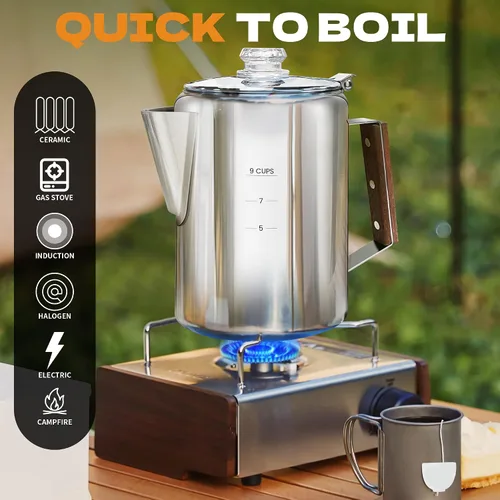 Miniatura 2 de Percolator Pot - Olla de café de acero inoxidable para acampar, sin aluminio o plástico, estufa de café (9 tazas)