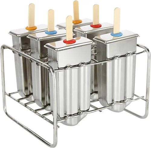 Miniatura 6 de Juego de 6 moldes de acero inoxidable para paletas de hielo, soporte para palitos de paletas de hielo con tapa, molde de helado con cepillo