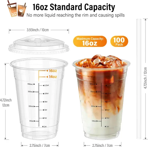 Miniatura 3 de Paquete de 100 tazas de café helado Ratio Lines de 16 onzas con tapas y popotes, sin adivinar bebidas consistentes, vasos desechables de plástico