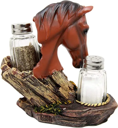 Miniatura 7 de Ebros Country - Juego de figuras de caballo de semental marrón castaño occidental por Farm Wagon Wheel Lasso Herraduras Salero y Pimentero Estatua