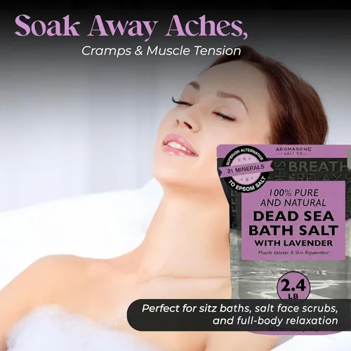 Miniatura 5 de Aromasong Sal pura del mar muerto para remojar con lavanda 100% natural, 2.43 libras, sal de baño de spa de grano fino, exfoliante de lavado