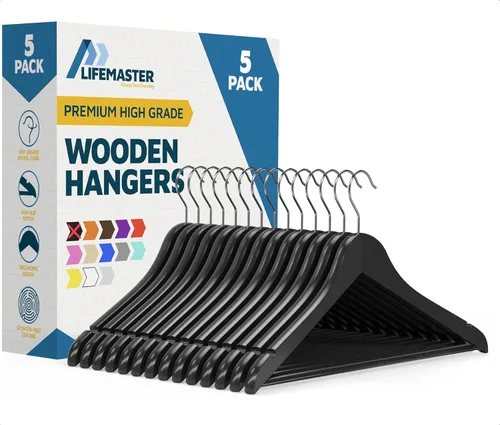 Lifemaster - Perchas de madera para ropa con gancho giratorio de 360 grados y muesca antideslizante para hombros, soportan hasta 10 libras, diseño