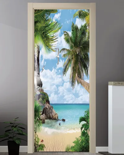Miniatura 11 de FLFK Adhesivo de puerta - Playa y palmera, mural de pelar y pegar, tamaño combinado 36"x80", dividido en 2 piezas Mt2219