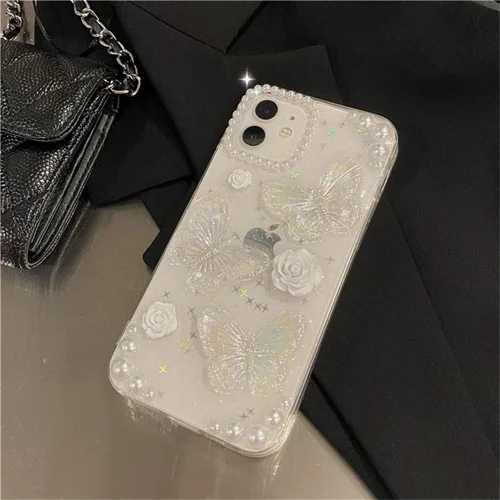 Miniatura 8 de Funda compatible con iPhone 13 Mini 3D, diseño floral de mariposa, transparente con diseño estético, fundas protectoras con purpurina y cristales