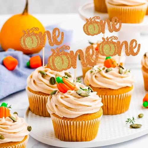 Miniatura 3 de Rsstarxi Paquete de 24 decoraciones de calabaza con purpurina para cupcakes de primer cumpleaños, decoración de pastel de calabaza para el primer