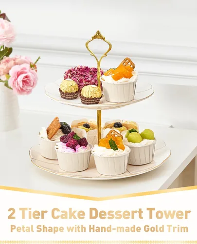 Miniatura 2 de DUJUST Torre de porcelana de lujo de 2 niveles para cupcakes, bandeja de servir estilo británico con borde dorado, soporte de exhibición de postres