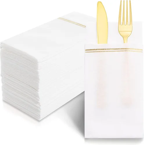 Miniatura 9 de Nervure 100 servilletas de papel doradas con bolsillo integrado para cubiertos - Servilletas desechables preplegadas blancas y doradas tipo tela