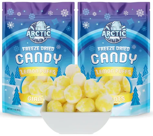 Miniatura 10 de Arctic Farms Caramelos liofilizados de caramelo agrio en bolsa y en caja (Gigantes de limón) (3 onzas)