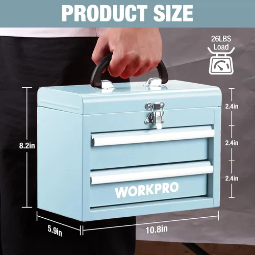 Miniatura 2 de WORKPRO Caja de herramientas portátil mini, caja de herramientas metálica con 2 cajones y guías con rodamientos de bolas, almacenamiento superior