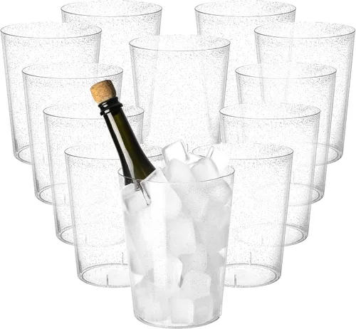 Miniatura 8 de Tiawudi Paquete de 12 cubos de hielo de plástico para fiestas, enfriador de vino transparente con purpurina dorada para bodas, bueno como un Oro