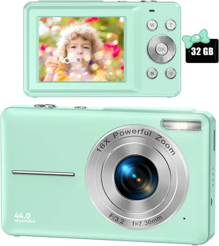 Cámara digital FHD 1080P para niños, tarjeta SD de 32 GB, zoom 16X, punto y disparo compacto, portátil (verde)