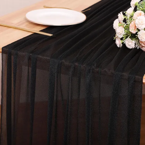 Miniatura 7 de Camino de mesa de gasa negra de 10 pies de 30 x 120 pulgadas, bohemio, rústico, transparente, camino de mesa de Halloween para decoración de bodas