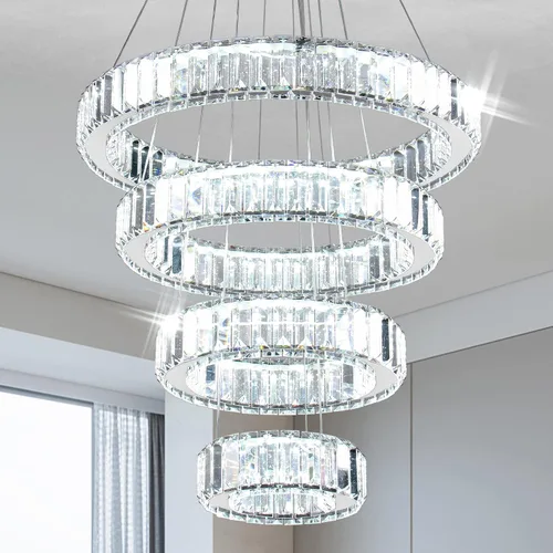 Miniatura 8 de Candelabro LED de 4 anillos para comedor, moderna lámpara de cristal colgante, lámparas de techo alto para dormitorio, sala de estar, comedor