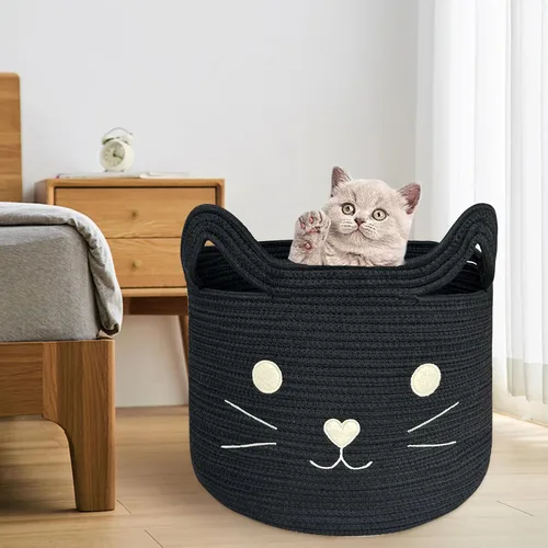 Miniatura 7 de VK VK·LIVING Cesta Grande de Juguetes para Gatos con Asas 15" L x 14" H Caja de Juguetes de Cuerda de Algodón con Diseño de Gato Negro, Cesta