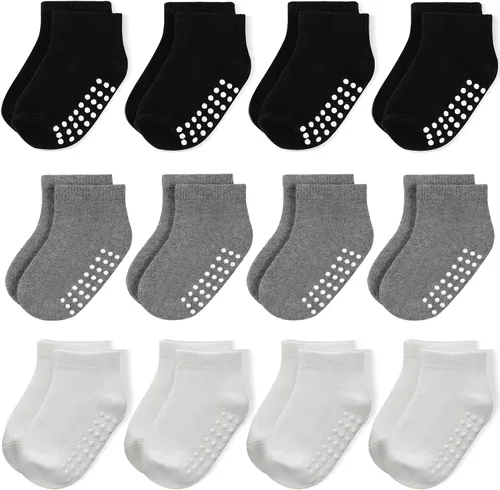 Miniatura 14 de JAKIDAR 12 pares de calcetines antideslizantes de algodón para niños y niñas, suela antideslizante para bebés y niños