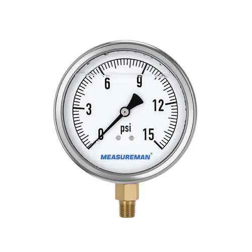 MEASUREMAN Manómetro de plomería relleno de glicerina 0-15psi caja de acero inoxidable, esfera de 4 pulgadas, montaje inferior de latón NPT de 1/4