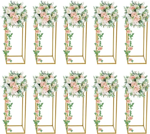 10 soportes geométricos dorados de 23 pulgadas para decoración de boda, soportes de columna de jarrón de metal para eventos, fiestas, decoración del