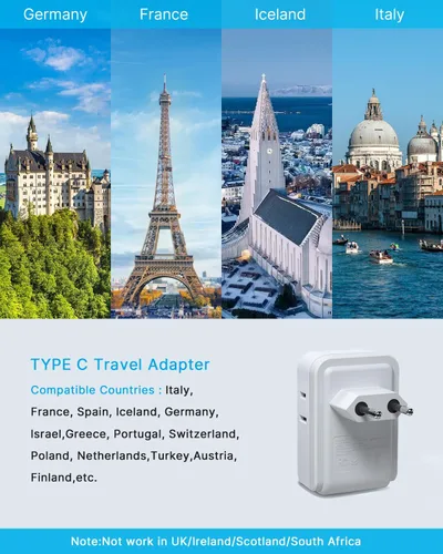 Miniatura 2 de Paquete de 2 adaptadores de enchufe de viaje europeos, adaptador VINTAR Europe con 4 salidas de CA, 3 puertos USB (2 USB C), adaptador de corriente