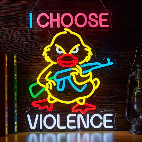 Letrero de neón con texto en inglés "I Choose Violence Duck - Pistola de ganso con luz LED AK 47, decoración con USB, regulables, para pub, tienda,