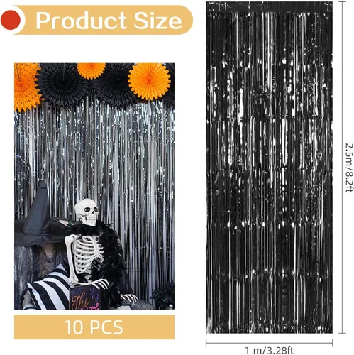 Miniatura 3 de Paquete de 10 cortinas de telón de fondo negras de 3.2 pies x 8.2 pies, cortinas de flecos de lámina de oropel metálico, fondo para cabina de fotos
