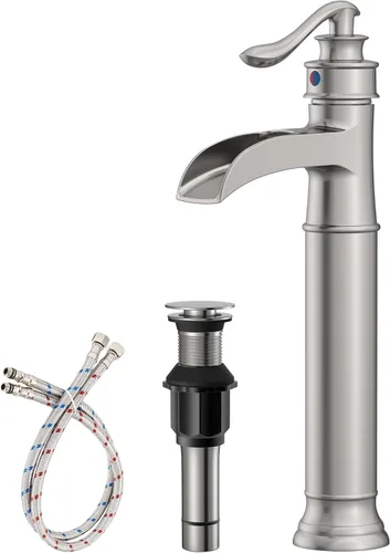 Miniatura 9 de Grifo de lavabo de lavabo de oro cepillado, grifo de baño alto de una sola manija, grifo de fregadero de un solo orificio con ensamblaje de drenaje
