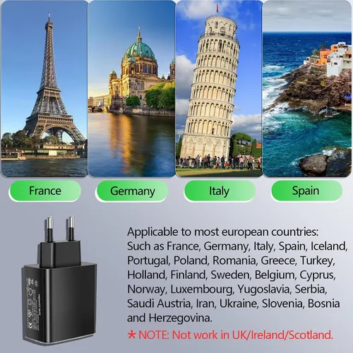 Miniatura 4 de Cargador USB europeo, adaptador de enchufe de viaje europeo 40 W 4 puertos Europa cargador USB carga rápida 3.0 UE enchufe adaptador para iPhone 17