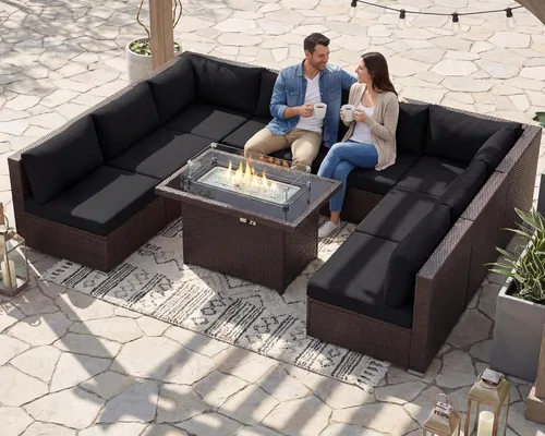 Miniatura 24 de BULEXYARD Juego de muebles de patio de respaldo alto de 7 piezas con mesa de fogata de combustible dual propano/gas natural, sofá seccional