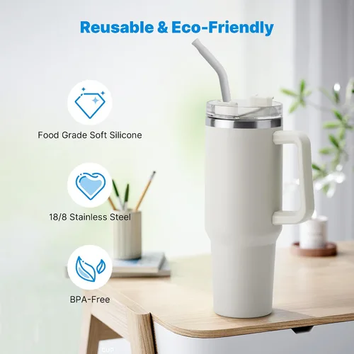 Miniatura 4 de Popote de Metal con Punta de Silicona para Vaso Stanley de 40 onzas, 2 Piezas Popotes de Acero Inoxidable de Repuesto para Vaso de Viaje Stanley