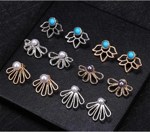 Miniatura 6 de Juego de 11 pares de aretes de flor de loto para mujeres y niñas, juego para orejas ansitivas, joyería simple y elegante, Diamante de imitación