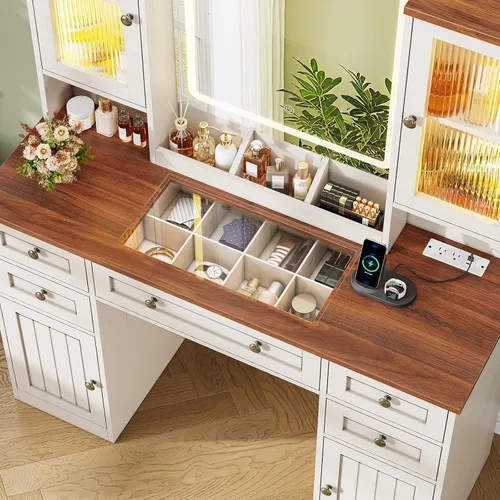 Miniatura 7 de MSmask Escritorio de tocador de maquillaje con espejo y luces, mesa de tocador grande con 2 gabinetes RGB, tocador con superficie de vidrio con 5