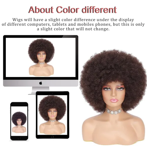 Miniatura 6 de Peluca rizada afro de los años 70 para mujer, marrón oscuro, fibras sintéticas, suave, flexible, sin desprendimiento, correas ajustables Marrón/Negro