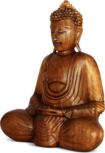 Miniatura 3 de G6 Collection Estatua de Buda de madera serena sentada hecha a mano, escultura meditante, figura de madera, acento decorativo, rústico, hecho a