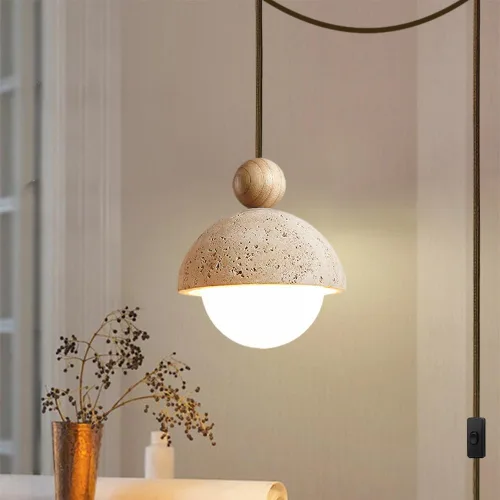 Lámpara colgante con enchufe Wabi Sabi estilo japonés retro vintage esférico piedra natural amarillo travertino lámpara colgante enchufe para