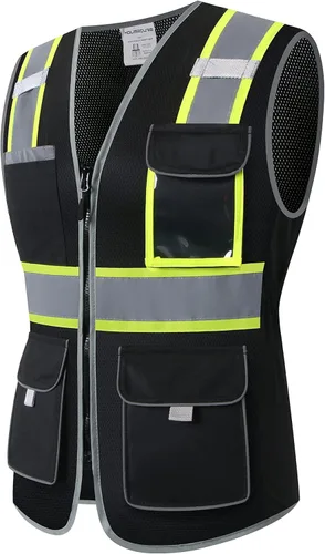 Chaleco de seguridad para mujeres, chaleco de trabajo reflectante de alta visibilidad con 9 bolsillos múltiples y cremallera