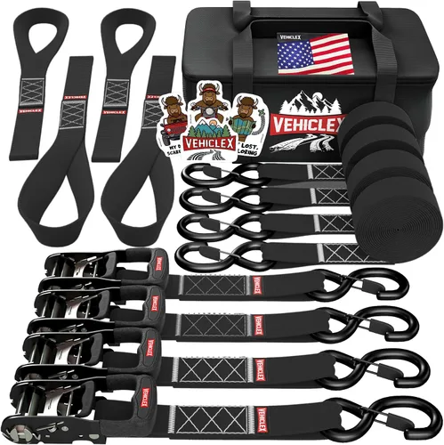 Miniatura 11 de Vehiclex Correas de amarre de trinquete para motocicleta con bucles suaves - 4PK Kit de servicio pesado de 1.5" x 8ft, resistencia de rotura de Negro