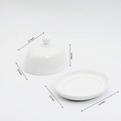 Miniatura 4 de NAGU Mini plato de mantequilla ovalado con tapa, plato de queso blanco con forma de procelain abovedado con asa, bandeja de mantequilla pequeña