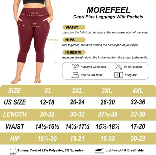 Miniatura 6 de MOREFEEL Leggings capri de talla grande para mujer con bolsillos, elásticos XL-4XL, control de abdomen, cintura alta, pantalones de yoga negros