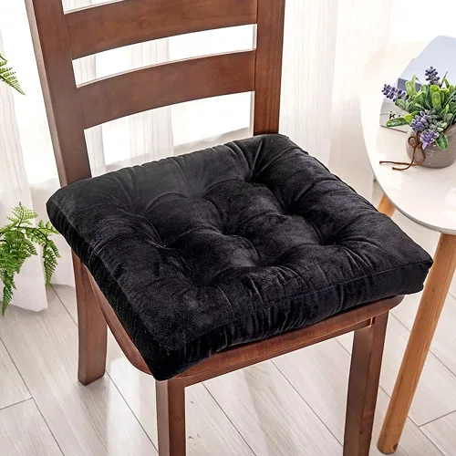 Cojín de terciopelo suave para silla, cojín cuadrado grueso para oficina, comedor, cocina, reduce la presión, lavable (negro, 16 x 16 pulgadas)