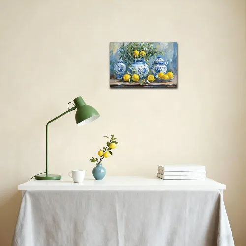 Miniatura 4 de SWQYLB Arte de pared de limón para cocina, cuadro vintage de frutas cítricas, impresiones en lienzo amarillo limón con cerámica azul, pintura