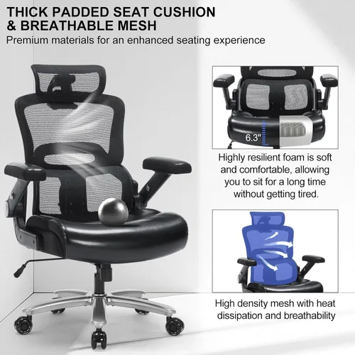 Miniatura 8 de Silla de oficina ergonómica resistente de 500 libras, silla de escritorio grande y alta con soporte lumbar ajustable, reposacabezas 3D, respaldo