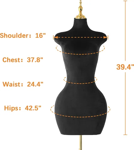 Miniatura 5 de Maniquí femenino de velour negro, con soporte de trípode ajustable en altura, para ropa y joyería, forma de vestido y exhibición de joyería