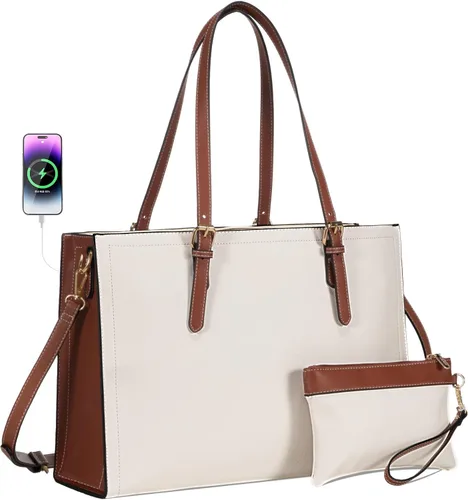 LOVEVOOK Bolso para laptop de 15.6 pulgadas para mujer, gran maletín de trabajo impermeable de piel sintética con puerto de carga USB, bolso de mano