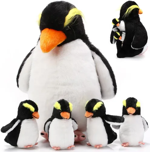 Juego de 5 Juguetes de Peluche de Pingüino de 14 Pulgadas Pingüino Mamá Animal de Peluche con 4 Lindos Bebés en Vientre con Cremallera Peluche Suave