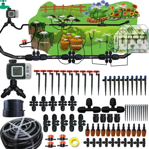 Sistema de riego por goteo de 160 pies con temporizador de agua para jardín, manguera de agua principal ID 1/2 pulgada 30 pies, 1/4 pulgadas 130