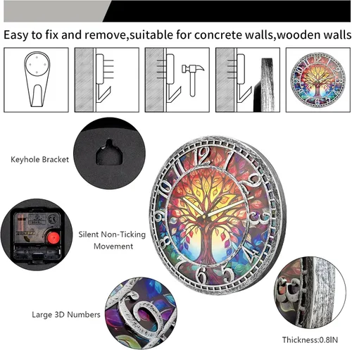 Miniatura 4 de WANGIRO Reloj de pared con diseño de árbol de la vida, de 12 pulgadas, movimiento silencioso, reloj de cronometraje preciso, ideal para salas