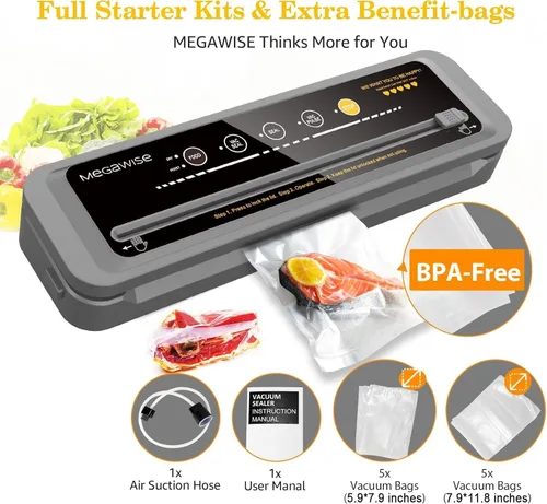 Miniatura 4 de MEGAWISE - Máquina selladora al vacío Potencia de succión de 80 kPa Incluye bolsas y cortador Selladora automática compacta de un solo toque