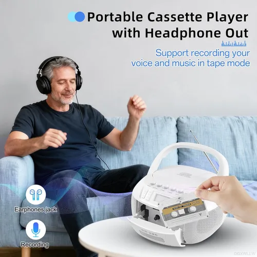 Miniatura 5 de Combo de reproductor de CD y cassette, reproductor de CD portátil Boombox con radio AM/FM Bluetooth/AUX/USB Drive Grabación de cinta para Blanco