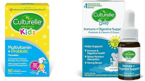 Culturelle Multivitamínico completo + probióticos masticables para niños, 50 probióticos de apoyo inmunológico y digestivo para bebés + gotas de